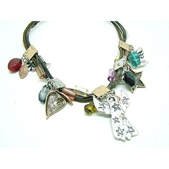 Beaded Silver Copper Rhinestone Leather Rope Necklace Angel Stars Hearts 9" - Picture 8 of 8